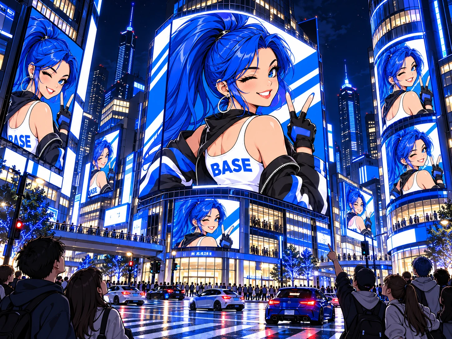 City billboards and electronic screens all displaying the blue haired BASE Girl